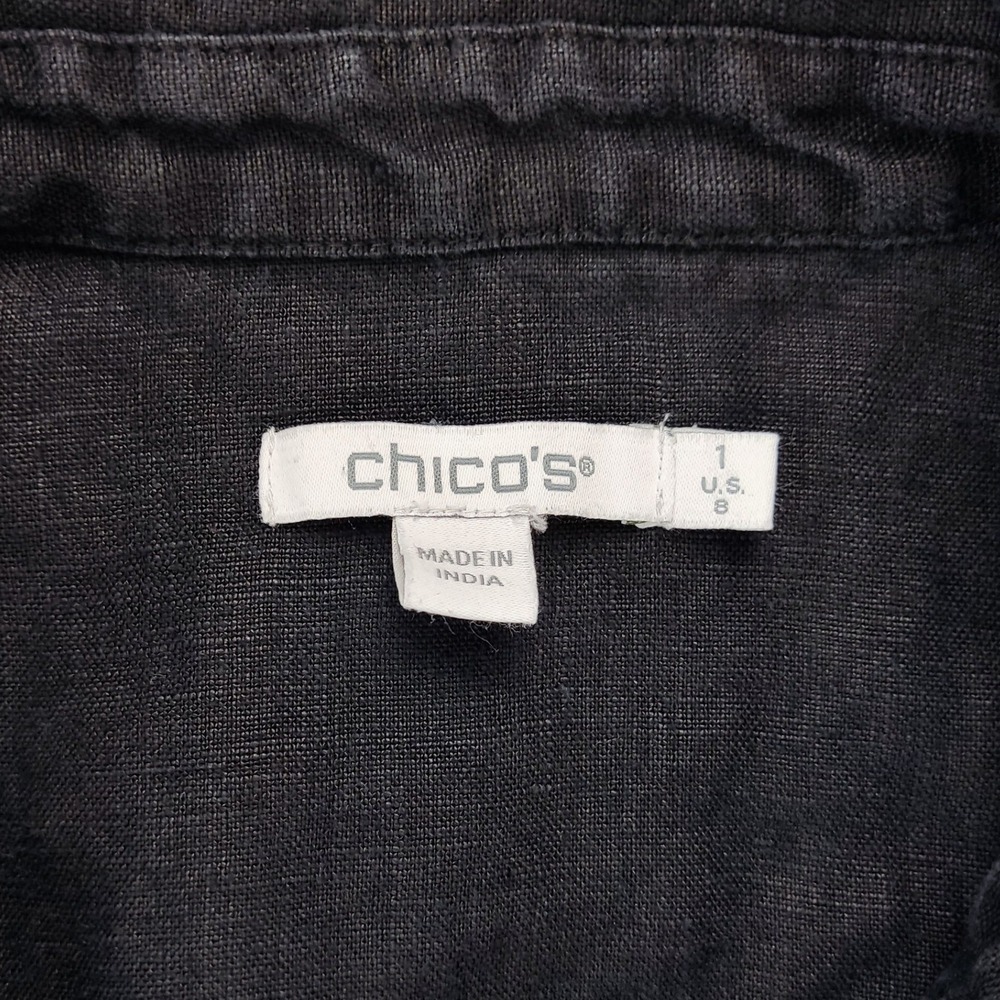 Chico's Shirt Dress Women 1 8 Black Linen Ruffle Trim Short Sleeve Shift Pockets - Picture 3 of 8